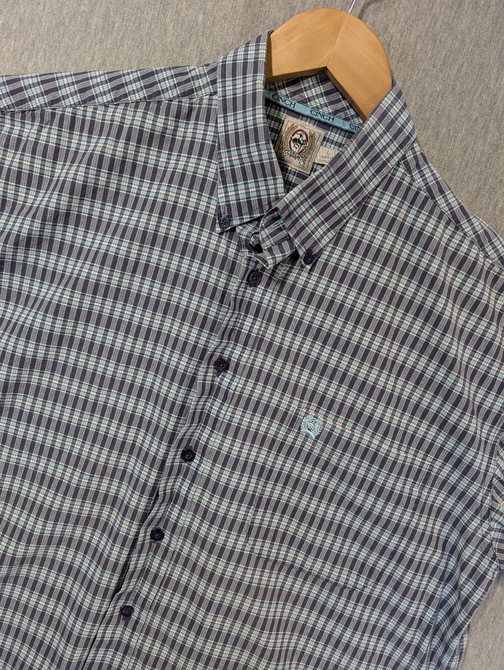 Cinch Plaid Button Down Shirt Men's Large Blue White Short Sleeve
